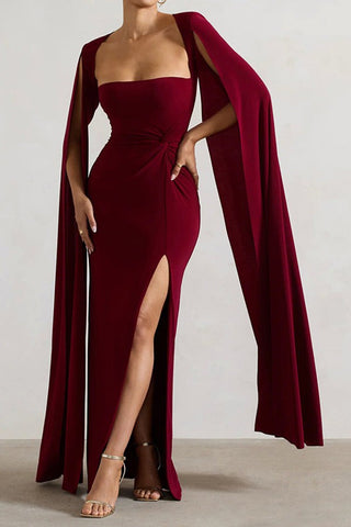 Everyday Luxe Square Neck Floor Length Sleeve High Split Solid Color Sexy Dress