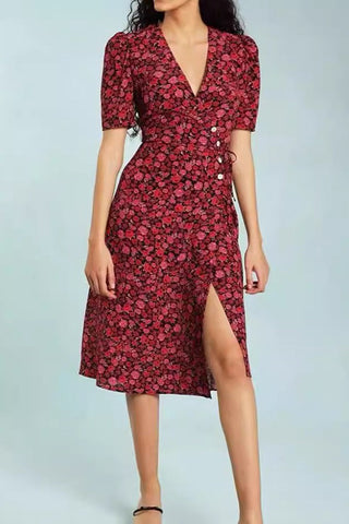 September Sun-Wrap Floral Short-sleeved V-neck Dress