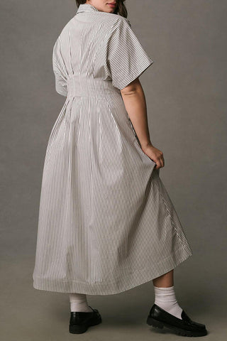 Lapel Striped Button-Down Waist Maxi Dress