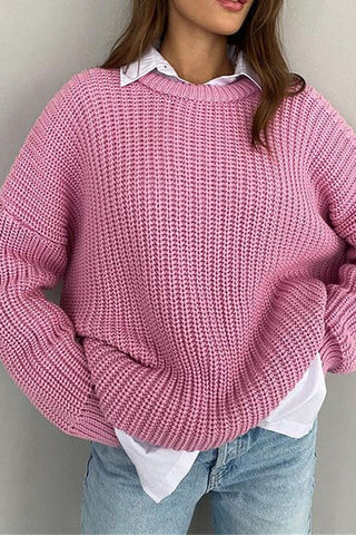 2024 autumn and winter new loose round neck solid color long sleeve lazy wind knit tops