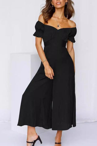 Chic Layers-One-piece Wide-leg Trousers With Bateau Collar and Short Sleeves