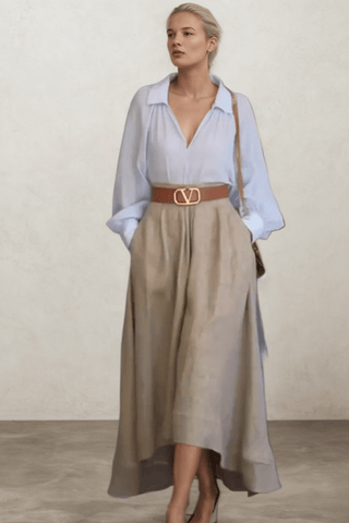 Solid Color Versatile Shirt Elegant Linen Midi Skirt Set