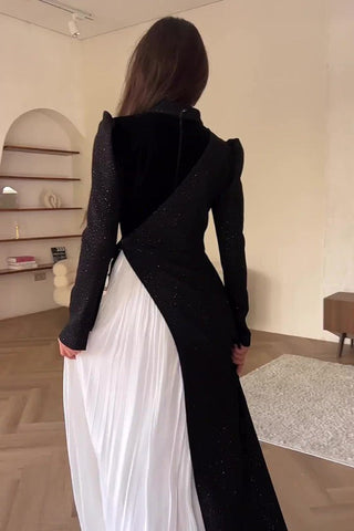 Elegance Puff Sleeve Contrast Pleated Maxi Dress