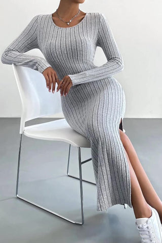 Understated Glam-Autumn and Winter New Long-sleeved Round Neck Slit Knitted Long Jumpsuit Dress