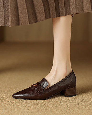 Pointed Toe Camellia Retro Thick Mid-Heel Loafers