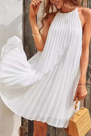 Moonlit Dinner Delight-Sleeveless Pleated Strappy Dress