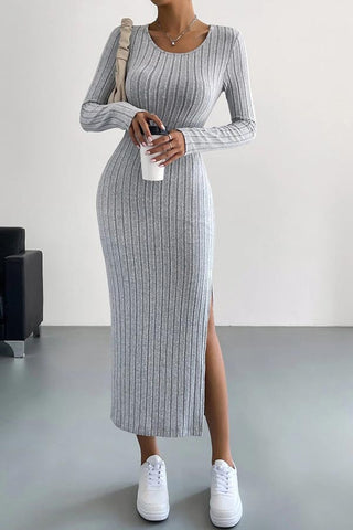 Understated Glam-Autumn and Winter New Long-sleeved Round Neck Slit Knitted Long Jumpsuit Dress