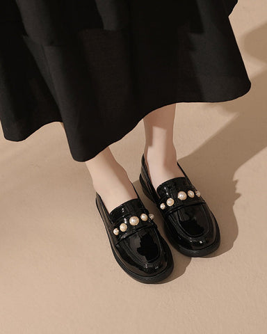 Pearl-Embellished Block Heel French Loafers