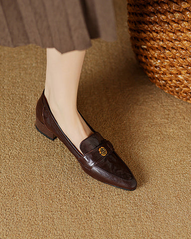 Pointed Toe Camellia Retro Thick Mid-Heel Loafers