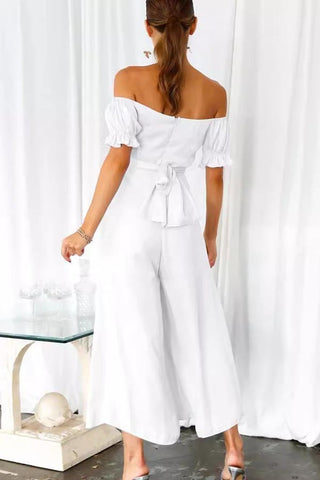 Chic Layers-One-piece Wide-leg Trousers With Bateau Collar and Short Sleeves