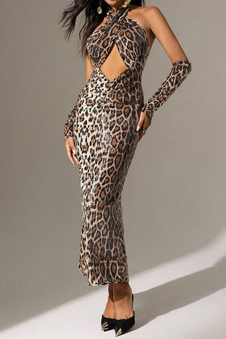 Leopard Print Sexy Sequins Hollow Out Hanging Neck Backless Dress