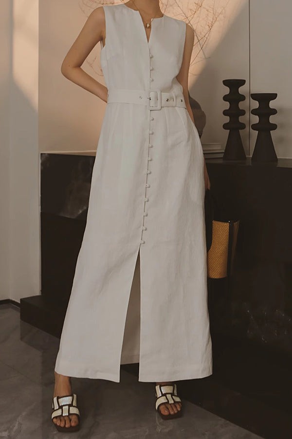 Countryside Calm-Linen Waisted Three-dimensional Sleeveless Long Skirt