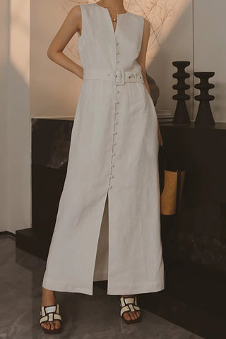 Countryside Calm-Linen Waisted Three-dimensional Sleeveless Long Skirt