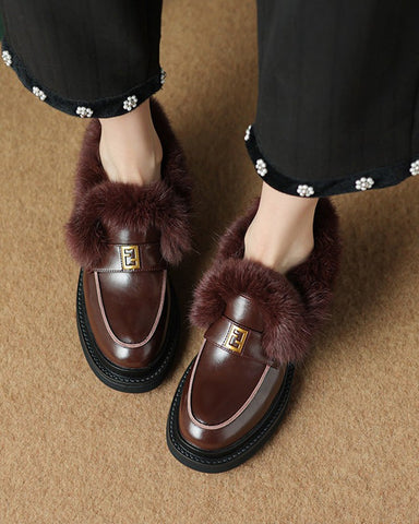 Rabbit Fur Thick-soled Velvet Leather Shoes