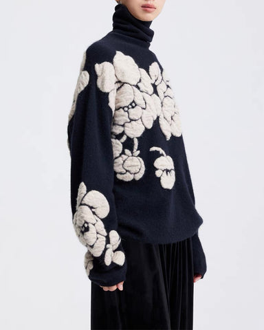 3-D Flowers Mock Neck Pullover Sweaters