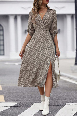 Sexy V-neck Slit Printed Three-quarter Sleeve Dress