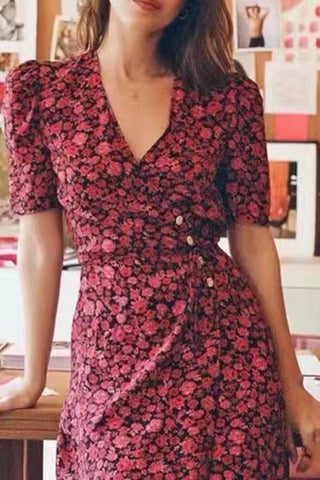 September Sun-Wrap Floral Short-sleeved V-neck Dress