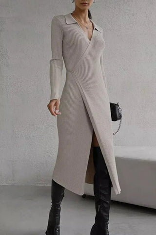 Flattering Fit Lace-up long-sleeve polo neck dress