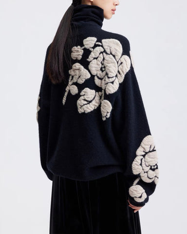 3-D Flowers Mock Neck Pullover Sweaters