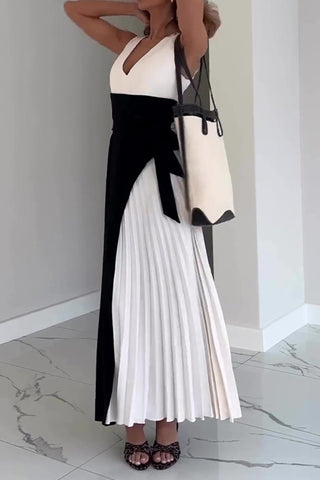 French Sleeveless Patchwork Colorblocked Black and White Design Long Dress