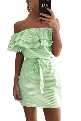 Soft Sophistication-Ruffled Sleeves Striped Off-shoulder Bateau Neck Dress