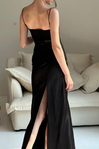 Flattering Fit Light mature style mesh see-through high-waisted slit halter dress long dress