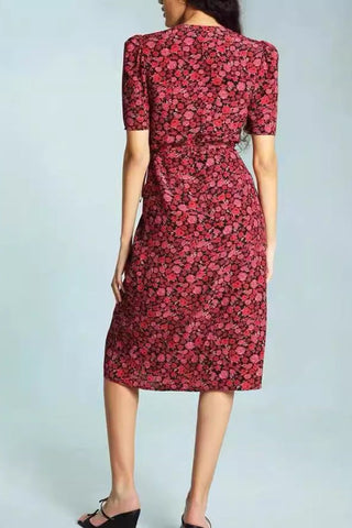 September Sun-Wrap Floral Short-sleeved V-neck Dress