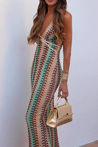 Contrast Color Lace V-neck Strapless Beach Dress