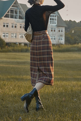 Autumn Breeze Vintage Plaid Bustier Skirt