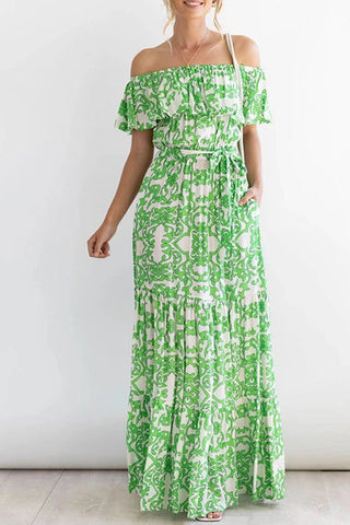 Evening Stroll Elegance-One-shoulder Short-sleeved Printed Ruffled Long Skirt