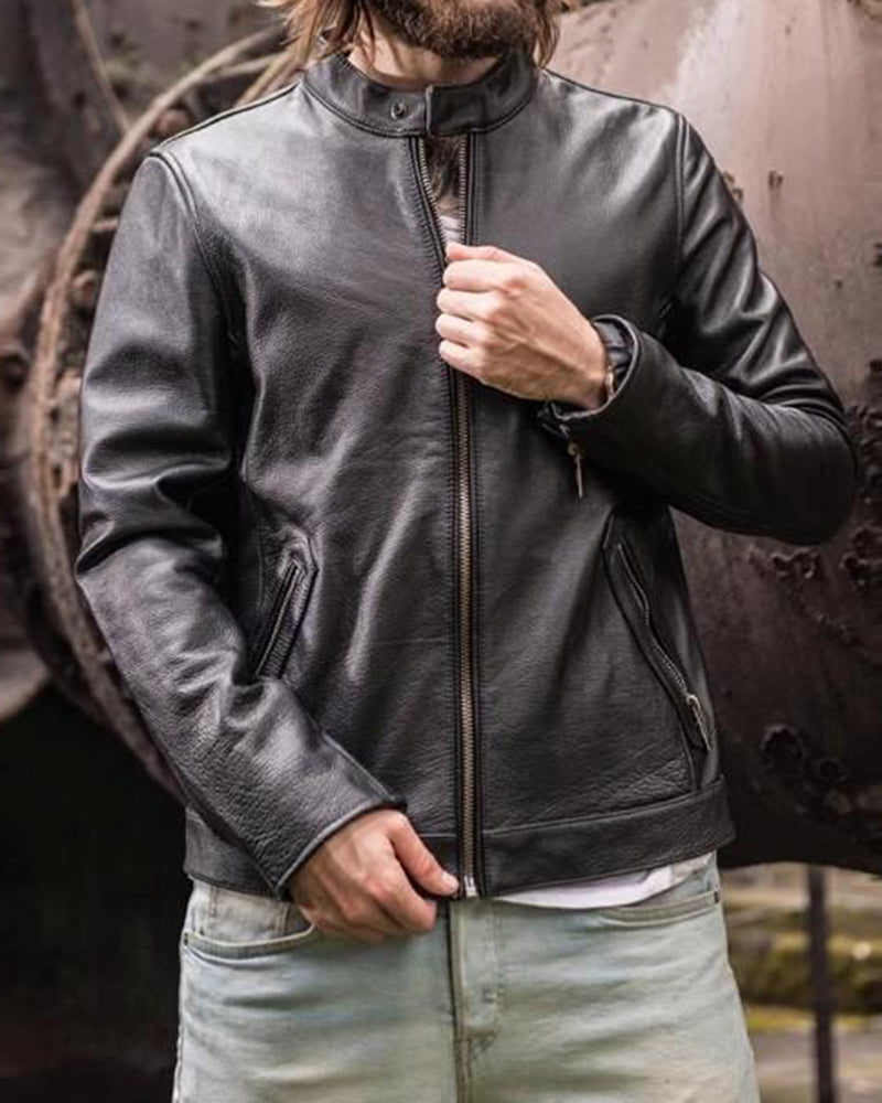 Men's Sheep Leather Racer Stand Collar Jacket