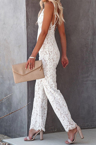 Sexy Lace Backless Mesh One Piece Hollow Out Ruffle Long Bodycon Jumpsuit