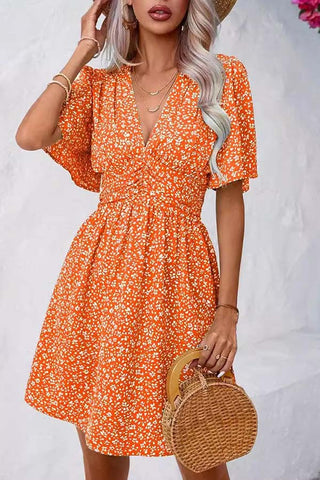 Garden Party Grace-V-neck Mid-sleeve Printed High-waist Floral Pleated Dress