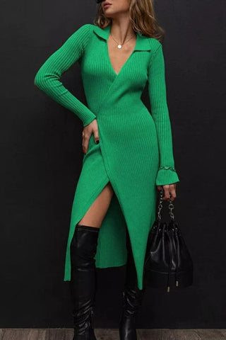 Flattering Fit Lace-up long-sleeve polo neck dress