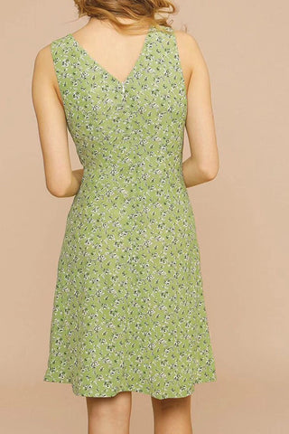 Pastoral Style Small Floral V-neck Sleeveless Waist Sweet Dress