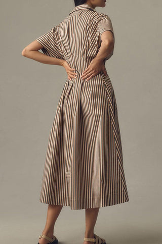 Lapel Striped Button-Down Waist Maxi Dress