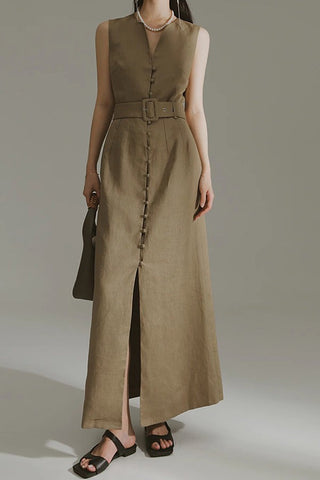 Countryside Calm-Linen Waisted Three-dimensional Sleeveless Long Skirt