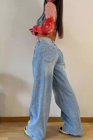 Retro Multicolor Denim Wide Leg Pants