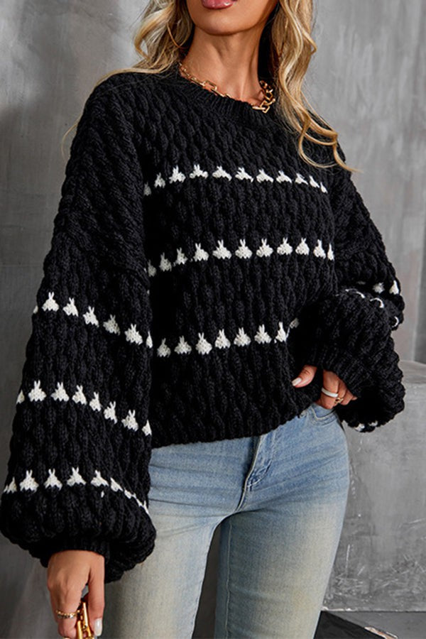 Casual Chunky Knit Contrast Geometric Sweater