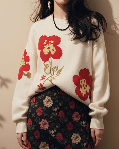 White Flower Jacquard Knit Pullover Sweater