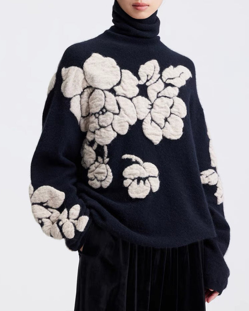 3-D Flowers Mock Neck Pullover Sweaters