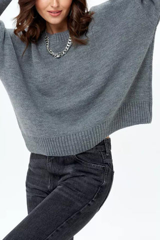 Warm Embrace Solid Color Round Neck Long Sleeve Short Knit Peplum Sweater