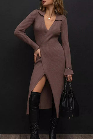 Flattering Fit Lace-up long-sleeve polo neck dress