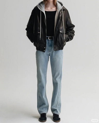 Distressed Sheepskin Loose-fitting Bomber Jacket