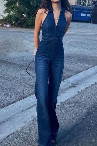 Sunset Strolls V-neck Sleeveless Denim Jumpsuit