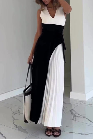 French Sleeveless Patchwork Colorblocked Black and White Design Long Dress