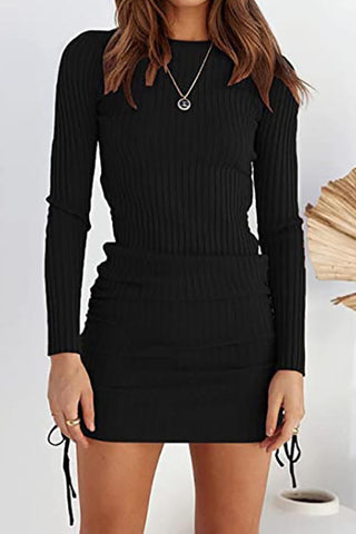 Knitted Slim-fit Smocked Long-sleeve Dress