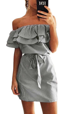 Soft Sophistication-Ruffled Sleeves Striped Off-shoulder Bateau Neck Dress