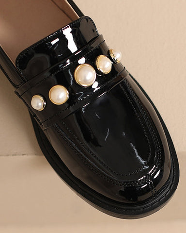 Pearl-Embellished Block Heel French Loafers