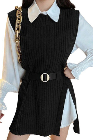 Chic Layers Tie Waist Knit Vest Shirt Two Piece Set